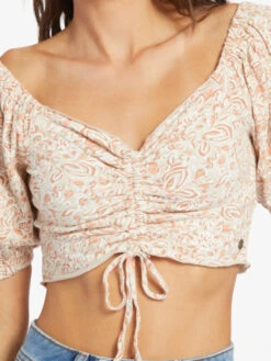 Roxy Flirty Walk Printed Ruched Crop Top -Shoreline Mood arjkt03402 roxyw teh6 frt3