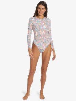 Roxy Warm Sand Onesie Active Cropped UPF 50 Long Sleeve Rashguard -Shoreline Mood arjwr03205 roxyw mdr6 frt9