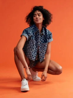 Roxy Blue Wave Club Printed Short Sleeve Denim Shirt -Shoreline Mood erjwt03579 roxym xbbb bck3