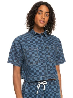 Roxy Blue Wave Club Printed Short Sleeve Denim Shirt -Shoreline Mood erjwt03579 roxyw xbbb frt1