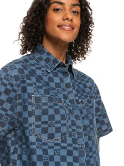 Roxy Blue Wave Club Printed Short Sleeve Denim Shirt -Shoreline Mood erjwt03579 roxyw xbbb frt3