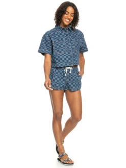 Roxy Blue Wave Club Printed Short Sleeve Denim Shirt -Shoreline Mood erjwt03579 roxyw xbbb frt9